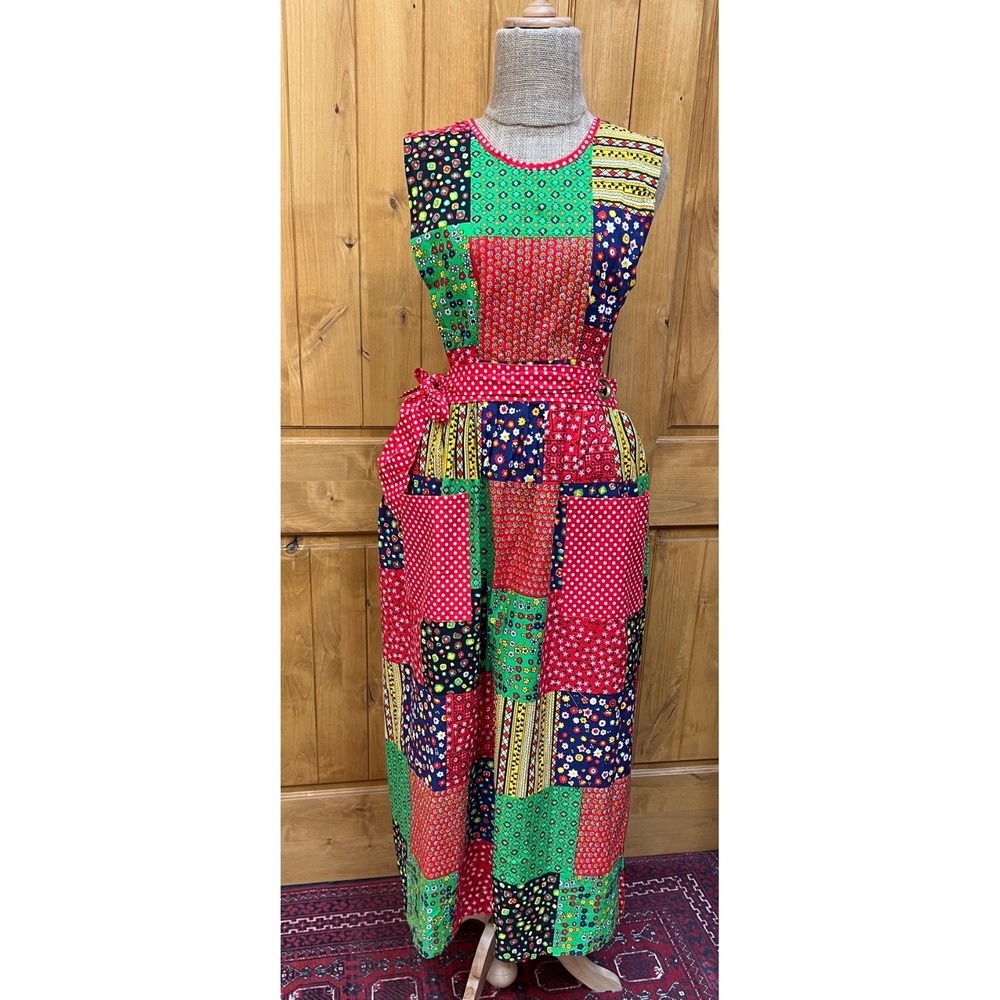 Vintage Design House Japan Patchwork Apron Dress Pinafore Boho Red Blue Green